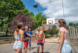 Group of young adults playing basketball outside at Flower Camping Au Bois Des Biches in Pays de la Loire, France.