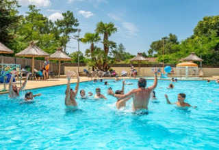 Persone giocano in piscina al Flower Camping Au Bois Des Biches a Pays de la Loire, Francia, sotto il sole.