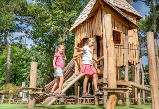 Twee kinderen spelen op een houten speelplein bij Flower Camping Au Bois Des Biches, Pays de la Loire, Frankrijk.