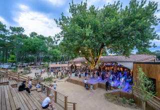 Zona al aire libre cerca de Saint Hilaire de Riez con personas reunidas bajo un gran árbol iluminado.