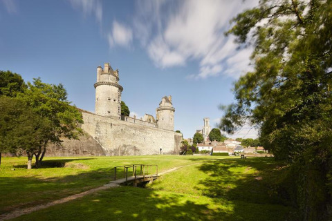 Vista de un castillo antiguo de piedra y césped verde bajo el cielo azul en Flower Camping Au Bois Des Biches, Pays de la Loire.