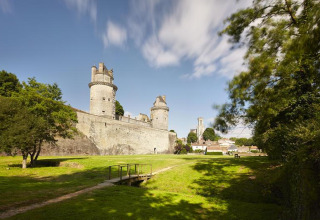 Veduta di un castello storico in pietra e area verde sotto cielo azzurro a Flower Camping Au Bois Des Biches, Pays de la Loire.