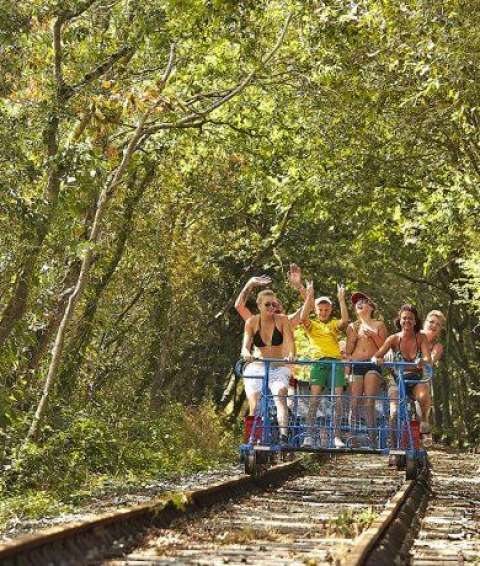 Un grupo de personas se divierte en una bicicleta sobre raíles en medio del bosque en Au Bois Des Biches, Francia.