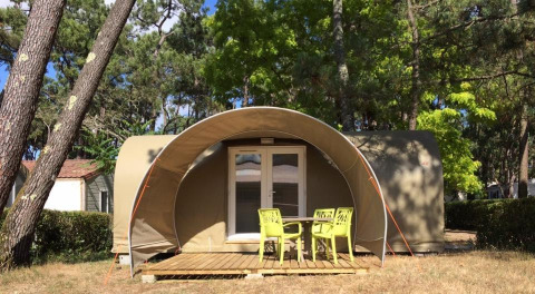 Safari telt Tent Lodge Coco Sweet med veranda og grønne stole i en skovklædt campingplads under solen.