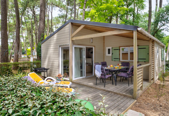 Udendørs udsigt til Cottage Premium hytte med træterrasse, havemøbler og liggestole i skoven.