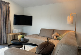 Moderne stue i en lodge med grå sofa, sort TV, gulvlampe og træborde på Holiday park De Witte Berg.