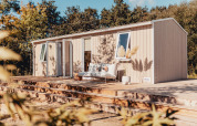 Modern glamping cabin with a wooden deck, outdoor sofa, and plants, nestled in a forest setting.