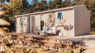 Modern glamping cabin with a wooden deck, outdoor sofa, and plants, nestled in a forest setting.