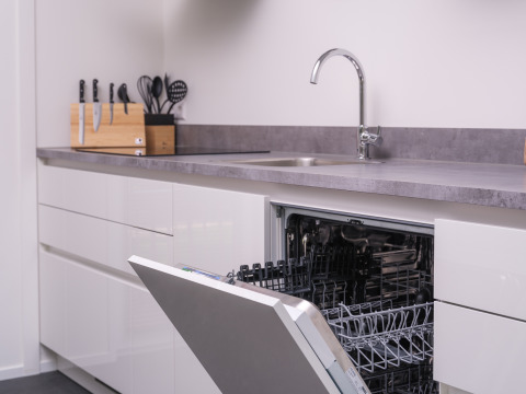 Moderne keuken in Bosvilla Comfort op Veluwepark de Bosgraaf met open vaatwasser en keukengerei.