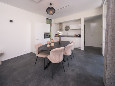Moderne eetkamer en keuken in Bosvilla Comfort, Veluwepark de Bosgraaf, Nederland.