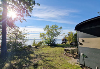 Vista lago e bosco dal Tiny Wagon al Marina Parcs Almere, Paesi Bassi, con sole e natura all’aperto.
