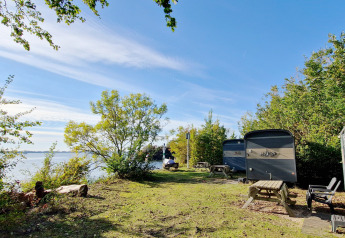 Vue sur des tiny houses Tiny Wagon à Marina Parcs Almere, Pays-Bas, entourées de verdure et d’un plan d’eau.