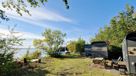Vista de casas Tiny Wagon en Marina Parcs Almere, Países Bajos, rodeadas de naturaleza y cerca del agua.