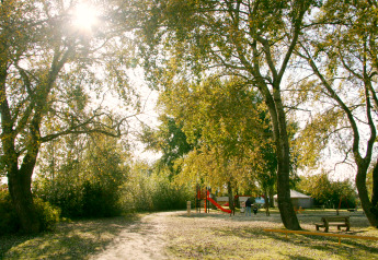 Area glamping soleggiata con parco giochi, grandi alberi e sentieri. Tende in lontananza.