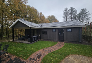 Photo of Bos Cottage lodge at De Thijmse Berg in the Netherlands, surrounded by trees and green lawn.