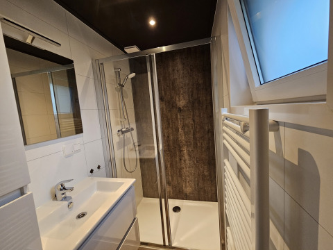 Salle de bain moderne avec douche vitrée, lavabo, miroir, sèche-serviettes et fenêtre au Bos Cottage, De Thijmse Berg.