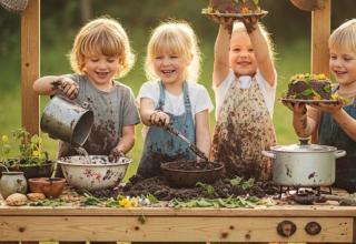 Four kids play together at an outdoor mud kitchen, making mud pies and smiling at Boerderij huisje safari tent.