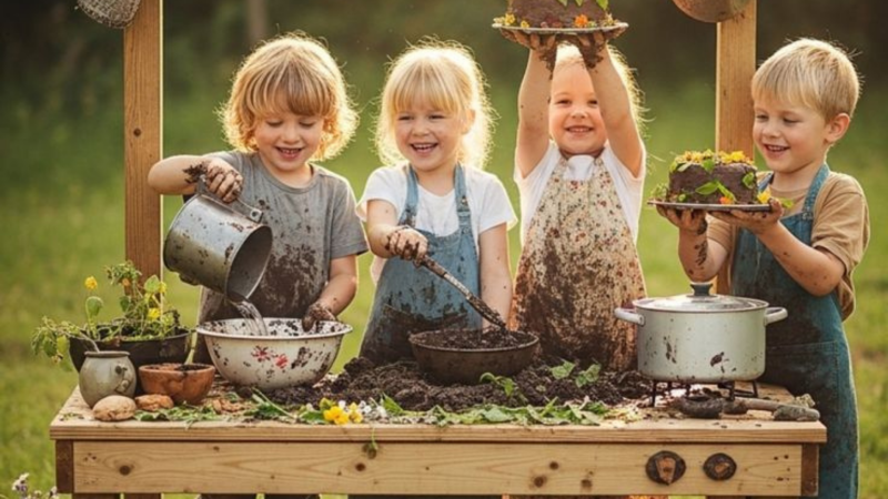 Four kids play together at an outdoor mud kitchen, making mud pies and smiling at Boerderij huisje safari tent.