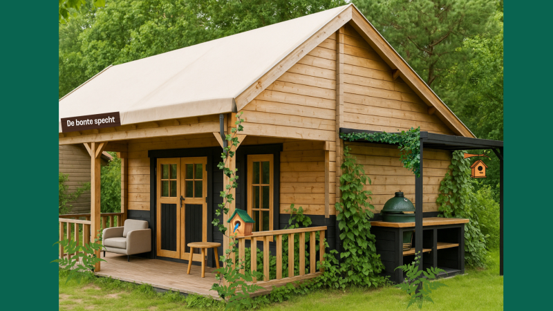 Tente safari Boerderij huisje au Beloofde Land aux Pays-Bas, avec terrasse en bois et cadre verdoyant.
