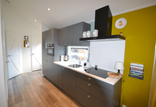 Modern kitchen at Eco Cottage, De Thijmse Berg, Netherlands, featuring grey cabinets and green wall.