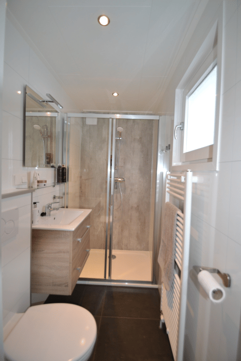 Moderne badeværelse med brusekabine, toilet, håndvask, spejl og vindue i Eco Cottage, De Thijmse Berg, Holland.