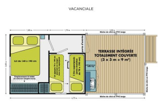 Planimetria della tenda safari Cabane Nature con camere da letto e terrazza coperta al Flower Camping Au Bois Des Biches.