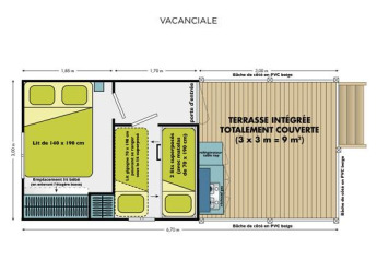 Planimetria della tenda safari Cabane Nature con camere da letto e terrazza coperta al Flower Camping Au Bois Des Biches.