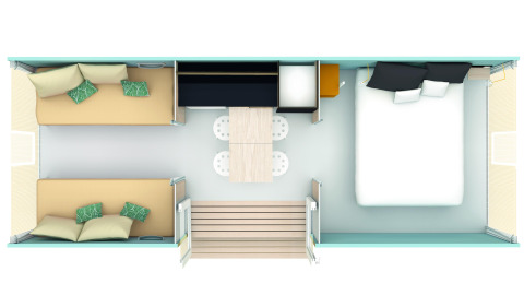 Vista aérea de la distribución interior de una Safari Tent Lodge Coco Sweet en Flower Camping Au Bois Des Biches, Francia.