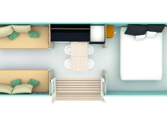 Bovenaanzicht van het interieur van een Safari Tent Lodge Coco Sweet bij Flower Camping Au Bois Des Biches in Frankrijk.