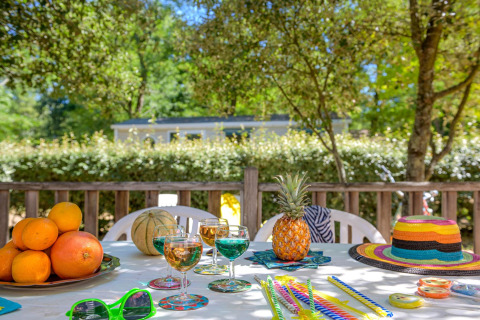 Gedeckter Tisch mit Obst, Getränken und Sommerhut vor Stacaravan Confort, Flower Camping Au Bois Des Biches, Frankreich.