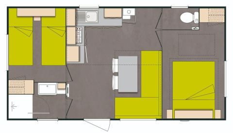 Plantegning af Stacaravan Confort chalet med to soveværelser, badeværelse, køkken og opholdsstue.