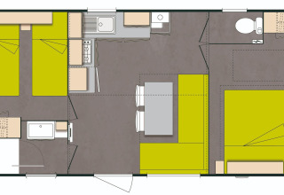 Plantegning af Stacaravan Confort chalet med to soveværelser, badeværelse, køkken og opholdsstue.