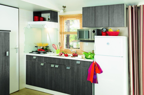 Modern kitchen in a chalet at Stacaravan Confort, Flower Camping Au Bois Des Biches, France with grey cabinets and appliances.