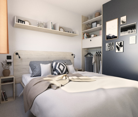 Bedroom at Stacaravan Confort PLUS at Flower Camping Au Bois Des Biches, France, with modern cozy decor.