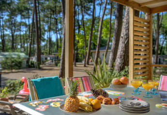 Udendørs bord ved Cottage Premium på Flower Camping Au Bois Des Biches i Frankrig med frugt og juice.