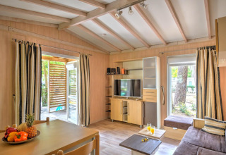 Soggiorno luminoso nel Cottage Premium al Flower Camping Au Bois Des Biches, arredamento moderno e ampie finestre.