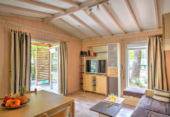 Lichte woonkamer in Cottage Premium bij Flower Camping Au Bois Des Biches, met moderne inrichting en grote ramen.