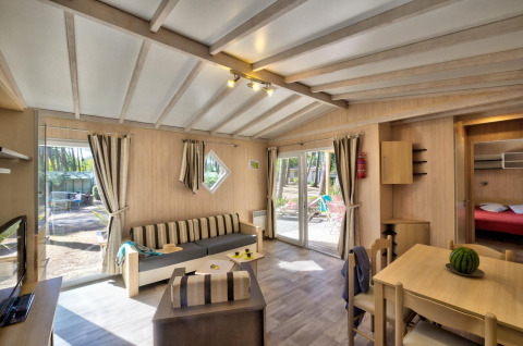 Soggiorno del Cottage Premium al Flower Camping Au Bois Des Biches, Francia, con arredi moderni e luminosità.