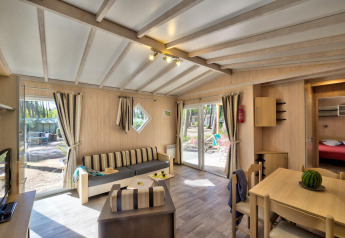 Woonkamer Cottage Premium, Flower Camping Au Bois Des Biches, Frankrijk, met veel licht en modern meubilair.