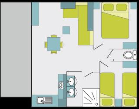 Planimetria del Cottage Premium al Flower Camping Au Bois Des Biches in Francia, con la disposizione delle stanze.