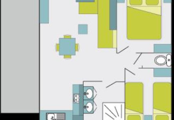 Plattegrond van de Cottage Premium-cabine in Flower Camping Au Bois Des Biches, Frankrijk, met indeling kamers.