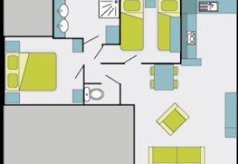 Plattegrond van Cottage Premium bij Flower Camping Au Bois Des Biches, Frankrijk, met twee slaapkamers en leefruimte.