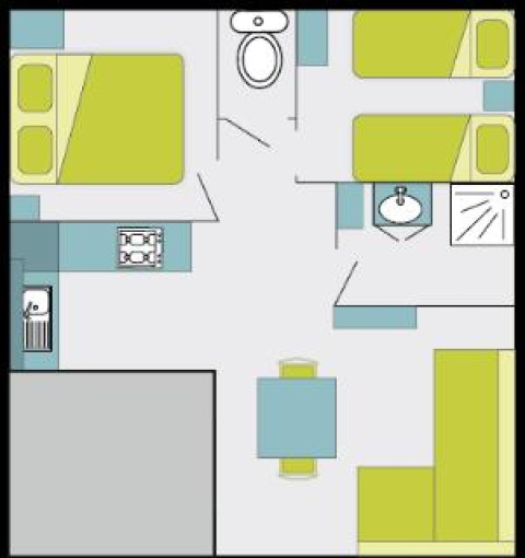 Planimetria del Cottage Premium con camere da letto, bagno e soggiorno a Flower Camping Au Bois Des Biches.