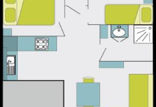 Planimetria del Cottage Premium con camere da letto, bagno e soggiorno a Flower Camping Au Bois Des Biches.