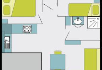 Plattegrond van Cottage Premium met slaapkamers, badkamer en leefruimte bij Flower Camping Au Bois Des Biches.