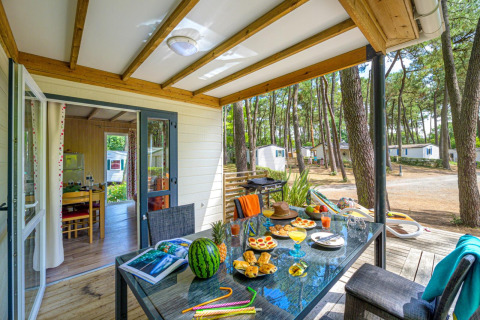 Udendørs terrasse på Cottage Premium ved Flower Camping Au Bois Des Biches, omgivet af fyrretræer og madbord.