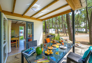 Udendørs terrasse på Cottage Premium ved Flower Camping Au Bois Des Biches, omgivet af fyrretræer og madbord.