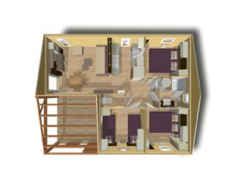 Grundplan af hytten Cottage Premium ved Flower Camping Au Bois Des Biches i Frankrig, set ovenfra.