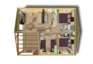 Grundplan af hytten Cottage Premium ved Flower Camping Au Bois Des Biches i Frankrig, set ovenfra.