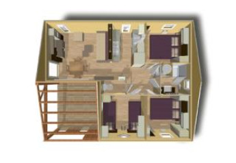 Grundplan af hytten Cottage Premium ved Flower Camping Au Bois Des Biches i Frankrig, set ovenfra.